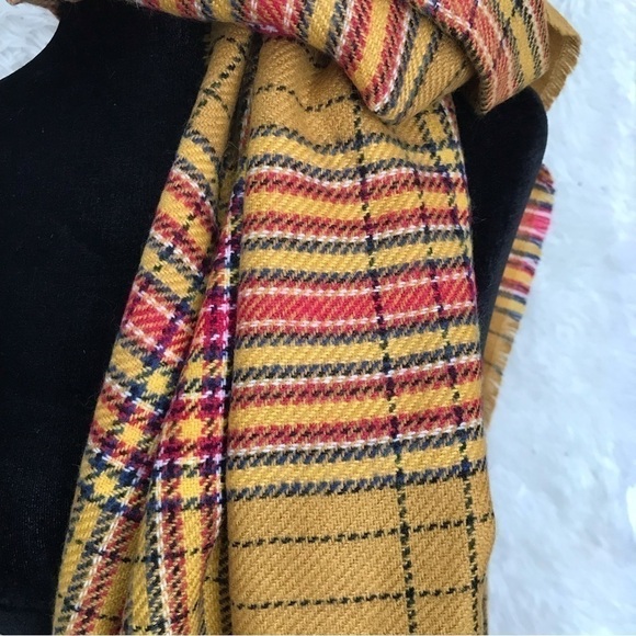 Zara large knitted winter scarf with graphic. Mustard and red tartan plaid. - Picture 3 of 7